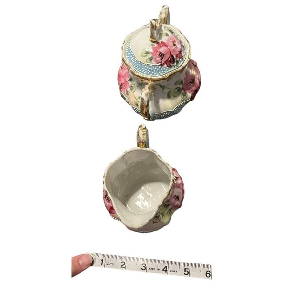 Antique Cabbage Rose with Bead Textured Design Small Creamer and Sugar Bowl - Picture 16 of 16